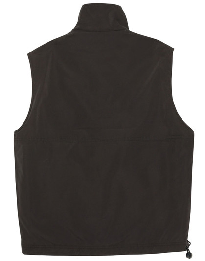 A unisex reversible vest in dark green with a standing collar and a drawstring hem. Features a logo.