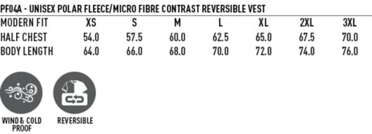 A unisex reversible vest in polar fleece and microfibre, available in various sizes, featuring a branding logo.