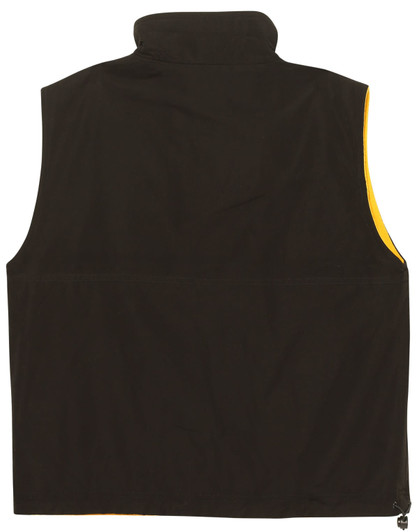 A unisex reversible vest in black with a yellow interior, featuring a high collar and no sleeves.