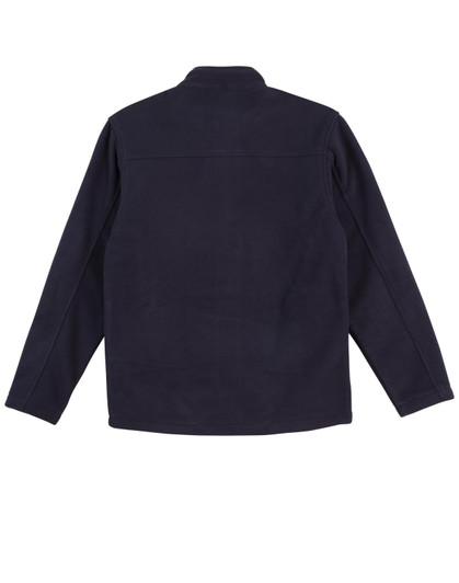 A dark navy polar fleece jacket with a full zip and a plain back. Features a branding logo.