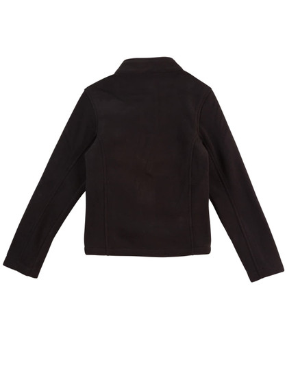 A black polar fleece jacket with a collar, featuring long sleeves and a plain back, including a logo.