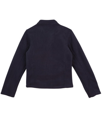 A navy polar fleece jacket with a fitted design and long sleeves, featuring a simple branding element.