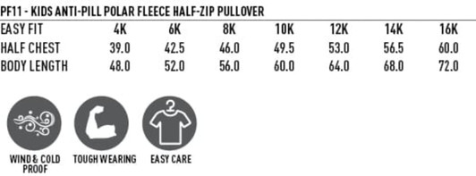 A kid's polar fleece pullover in various sizes with a half-zip design, featuring a logo for branding.