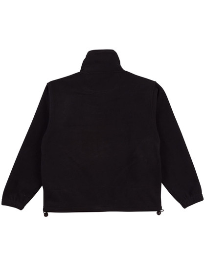 A black polar fleece pullover for kids with a high collar and adjustable hem. Features a logo on the back.