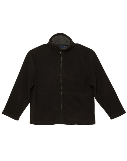 A black polar fleece jacket with a high collar and full zip, featuring long sleeves and a simple design.