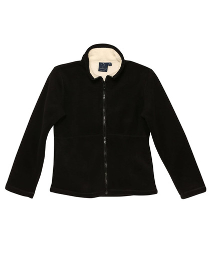 A black polar fleece jacket with a zip front and a soft inner lining, featuring a logo.