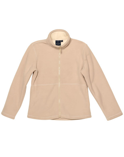 A beige polar fleece jacket featuring a zip front and a high collar, with a logo on the tag.