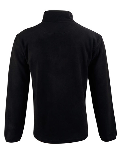A black half zip polar fleece pullover with long sleeves and a standing collar, featuring branding.