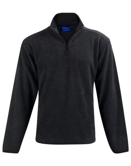 A black kid's half zip polar fleece pullover with long sleeves and a collar. It features a logo on the chest.