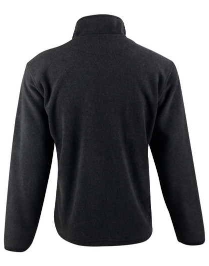A black half zip polar fleece pullover with a high collar and long sleeves, featuring a logo.