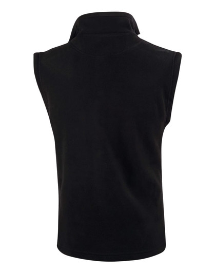 A black polar fleece vest with a high collar and no sleeves, featuring a logo on the back.