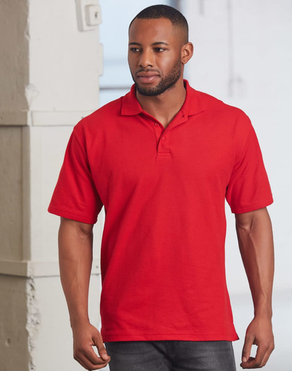 A red unisex traditional polo shirt displayed on a model, featuring a branding logo.
