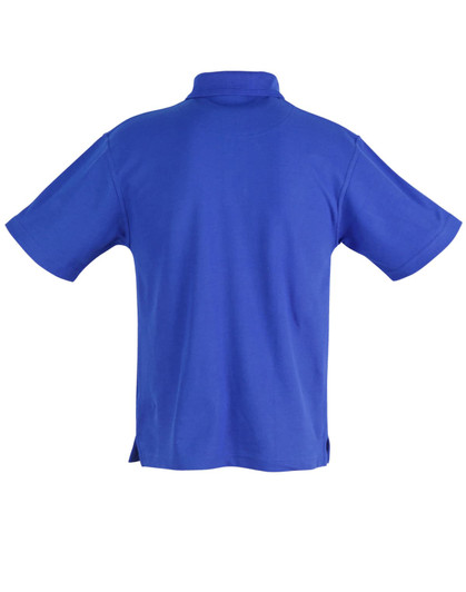 A blue children's traditional polo shirt with short sleeves and a collar, featuring a logo.