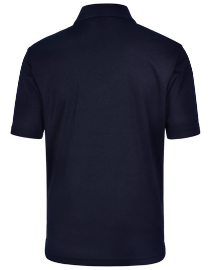 A plain navy blue men's polo shirt featuring a collar and short sleeves, with a logo on the back.