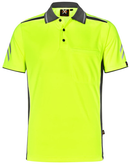 A bright yellow polo shirt with grey accents and a chest pocket, featuring a logo on the collar.