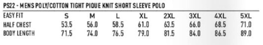 A size chart for a men's polo shirt, detailing measurements for half chest and body length in various sizes.