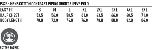 A men's polo shirt in various sizes featuring cotton fabric and contrasting piping details.