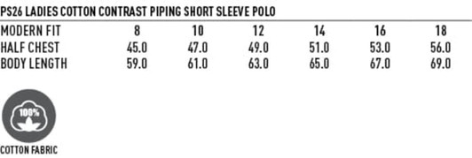 A ladies' polo shirt in various sizes, featuring contrasting piping and made from 100% cotton fabric.