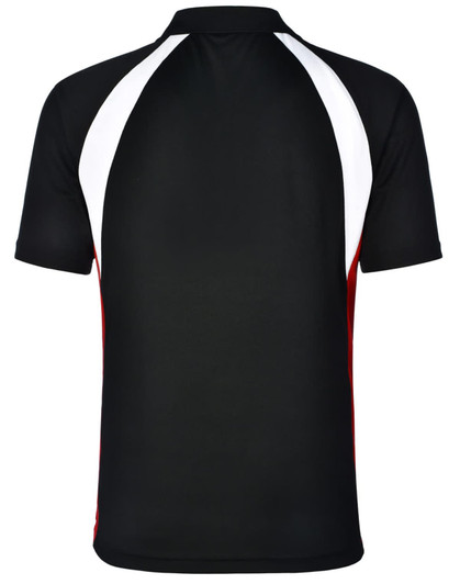 A black men's tri sport polo shirt featuring white and red accents on the sides and back, with a logo visible.