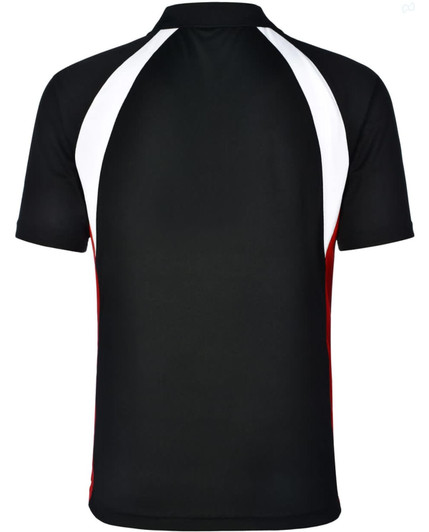A black men's tri sport polo shirt featuring white and red accents on the sides and back, with a logo visible.