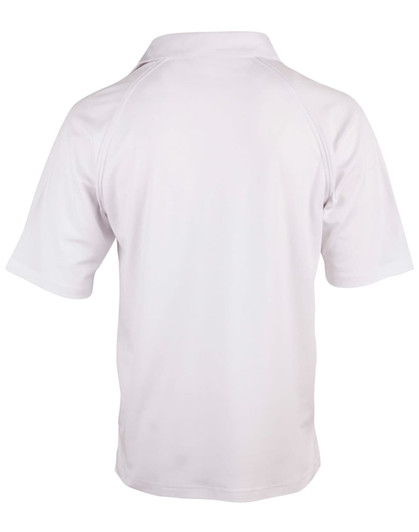 A white short-sleeved polo shirt with a collar, featuring a logo on the back.