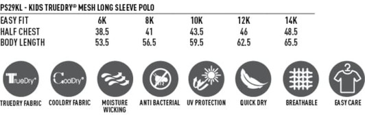 A long-sleeve polo shirt for kids in various sizes, featuring a fabric blend for breathability and easy care.