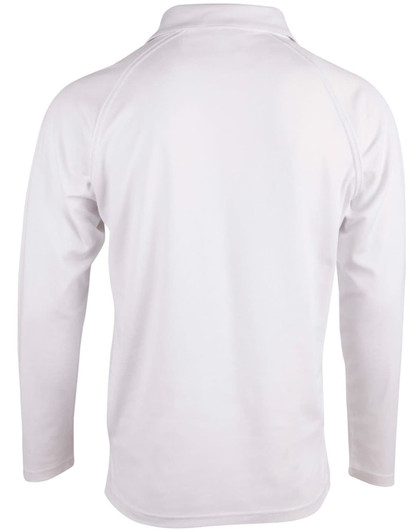 A white long sleeve cricket polo shirt with a classic collar and a logo on the back.