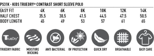 A graphic displaying sizing details for a children's polo shirt, highlighting features like moisture-wicking and UV protection.