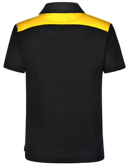 A children's polo shirt featuring a black body with a yellow upper back, including a logo on the front.
