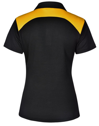 A black polo shirt featuring a yellow back design and a logo on the chest.