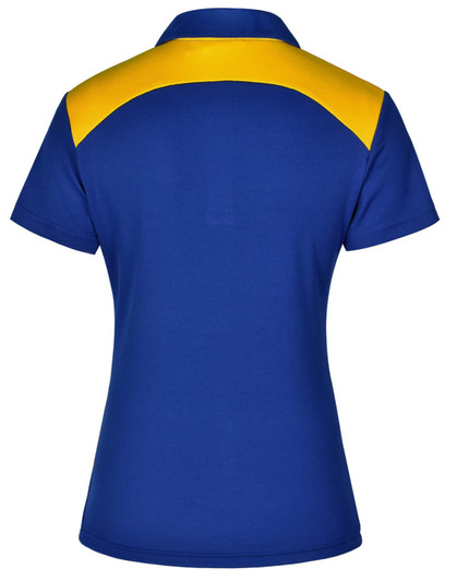 A blue polo shirt with a yellow back and collar. Features a branded logo on the side.