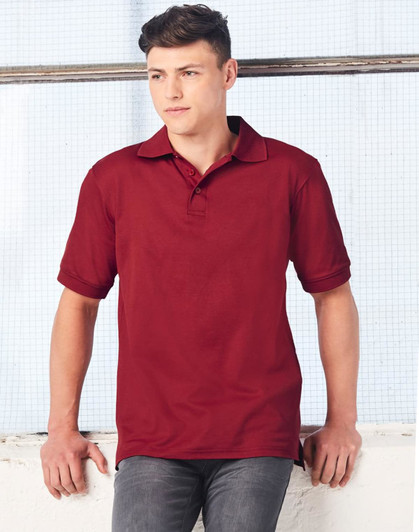 A maroon polo shirt with a collar, featuring short sleeves and a logo on the chest.
