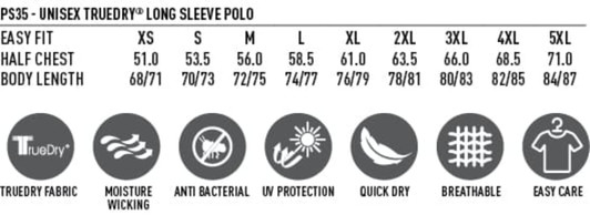 A long sleeve polo shirt in multiple sizes with a fabric care guide and features like moisture-wicking and quick-dry.