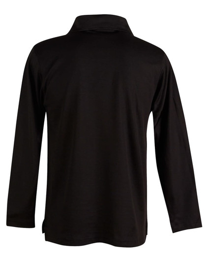 A black long sleeve polo shirt with a collar and a back view. It features a logo.