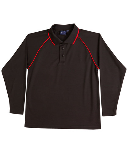 A black long-sleeve polo shirt with red accents and a collar, featuring a logo.