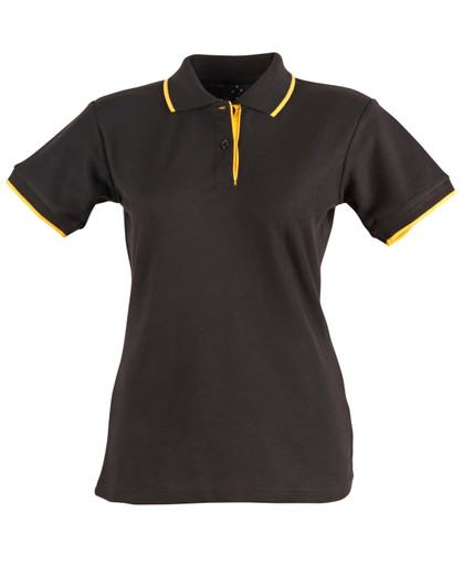 A black ladies' polo shirt with yellow accents, featuring a collar and short sleeves, has a logo.