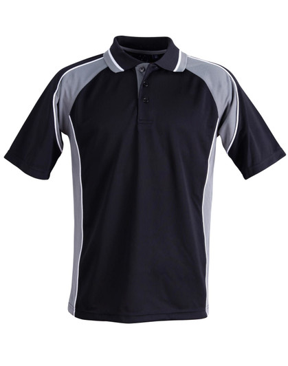 A black and grey men's polo shirt featuring a logo and contrasting side panels.