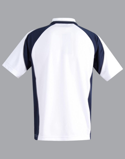 Men's polo shirt featuring a white body with navy blue sleeves and a logo. Back view shown.