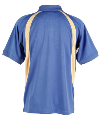 A blue polo shirt with yellow side panels and a collar, featuring branding on the back.