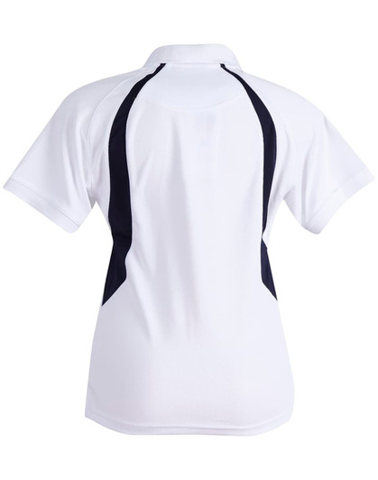 A white polo shirt with black side panels and a collar, featuring a logo on the back.