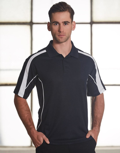 A men's black polo shirt with white side stripes and a logo on the chest.