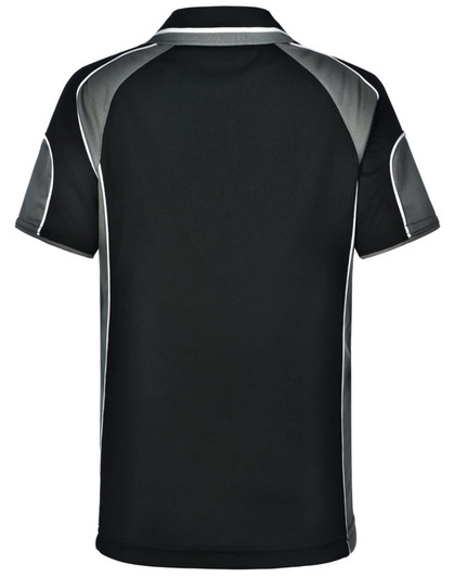 A black polo shirt with grey accents and a logo on the upper back.