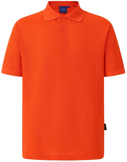 An orange polo shirt featuring a collar and short sleeves, with a logo on the front.