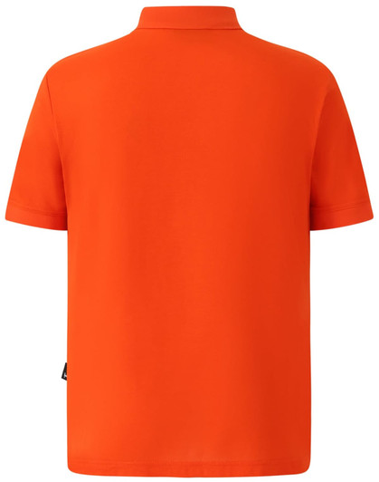 An orange men's polo shirt featuring a collar and short sleeves, with a brand logo on the chest.