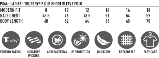 A chart displaying sizing details for the Ladies' Grace Polo, featuring modern fit measurements and benefits like moisture-wicking.