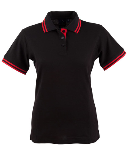 A black ladies' polo shirt with red collar and sleeve accents. Features a collar and three-button placket, and has a logo.