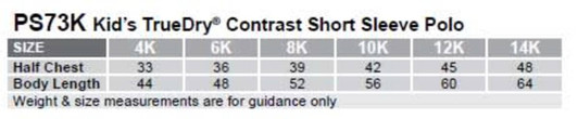 A table displaying size measurements for the Kids' TrueDry Contrast Short Sleeve Polo, including half chest and body length.