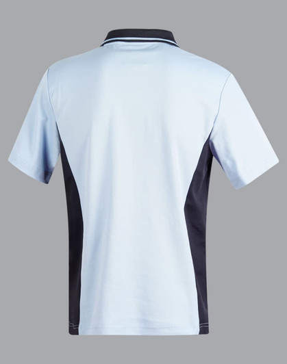 A light blue and black kids' polo shirt featuring a contrasting design and a logo on the collar.