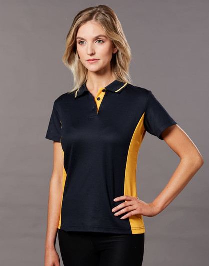 A navy and yellow women's polo shirt featuring short sleeves and a branded logo.