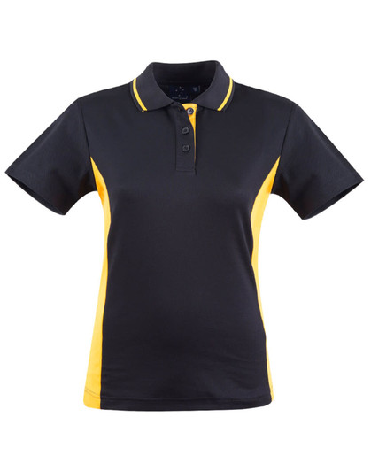 A black and yellow ladies' polo shirt with short sleeves and a collar, featuring a logo.